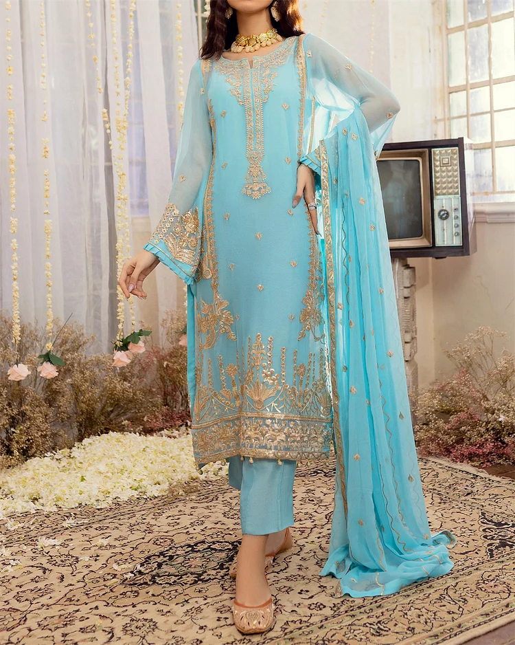 Blue Embroidery Mesh Top + Trousers Suit