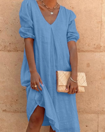 Women's Color Pure V-neck Half Sleeve Dress shopify LILYELF