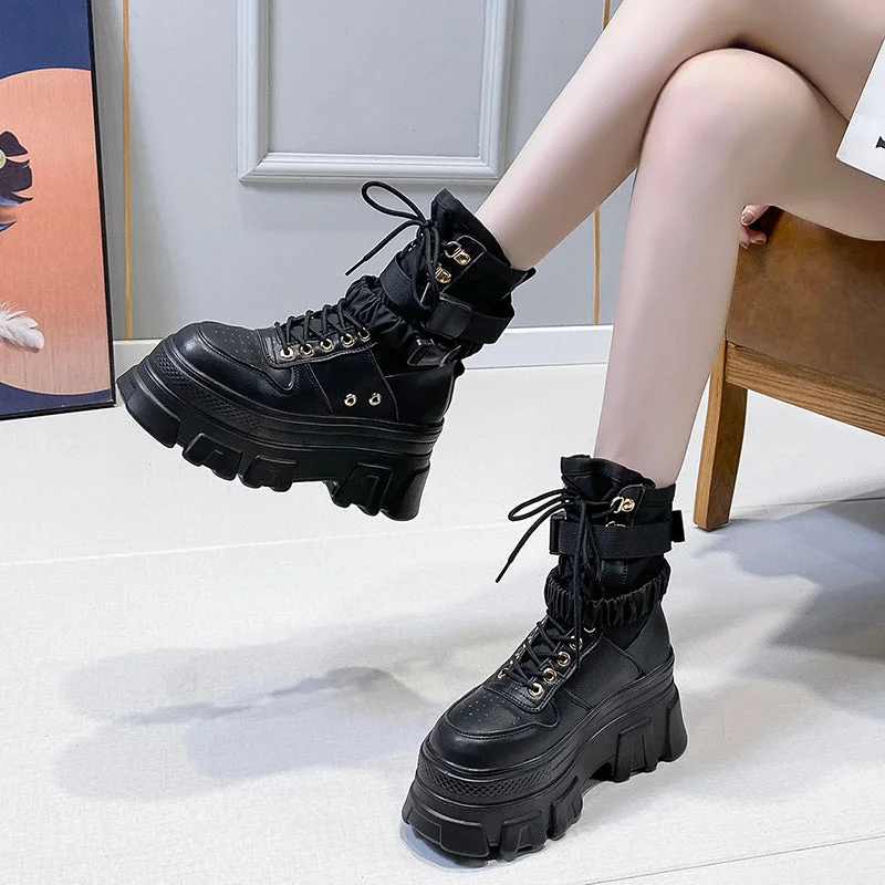 Green Punk Chunky Platform Motorcycle Boots Women Autumn Winter Gothic Shoes Woman Thick Bottom Lace Up Ankle Botas Mujer