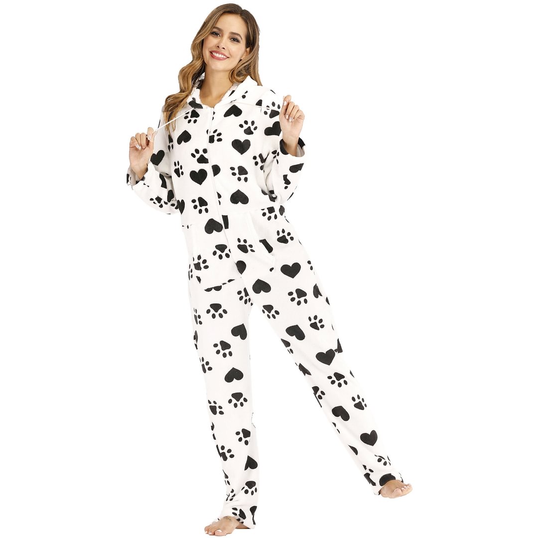 Holiday Adult  Footprint Love Printed Hooded Jumpsuits Onesie Pajamas-Pajamasbuy