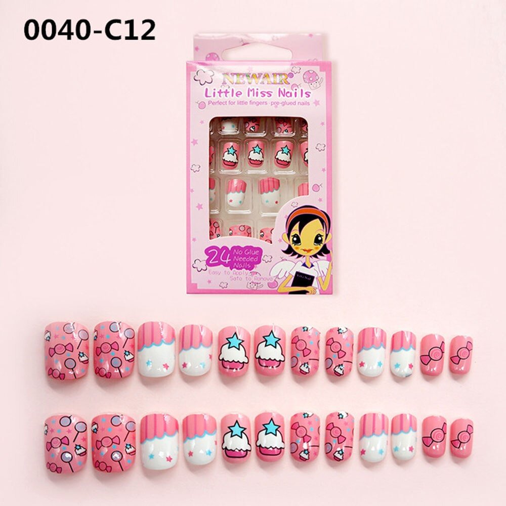 24Pcs/Set Press on Children Candy False Nail Tips Cartoon Full Cover Kid Pink Fake Nail Art for Little Girls Manicure Tool