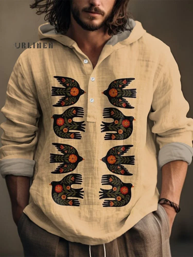 Retro Illustration Bird Printed Casual Jacquard Shirt