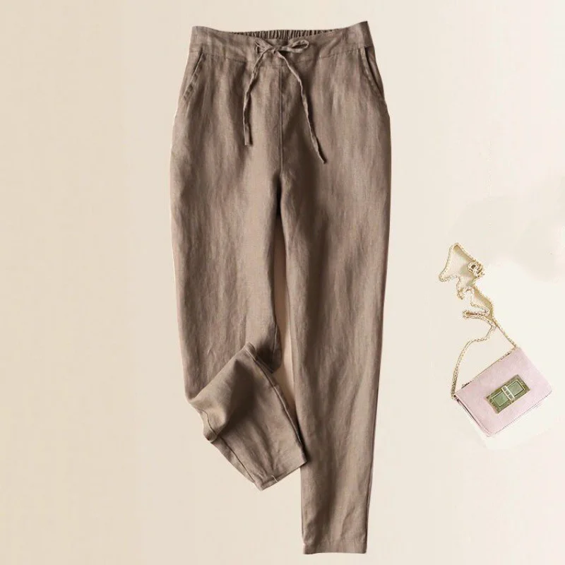 Vintage Solid Cotton Linen Pocket Casual Pants