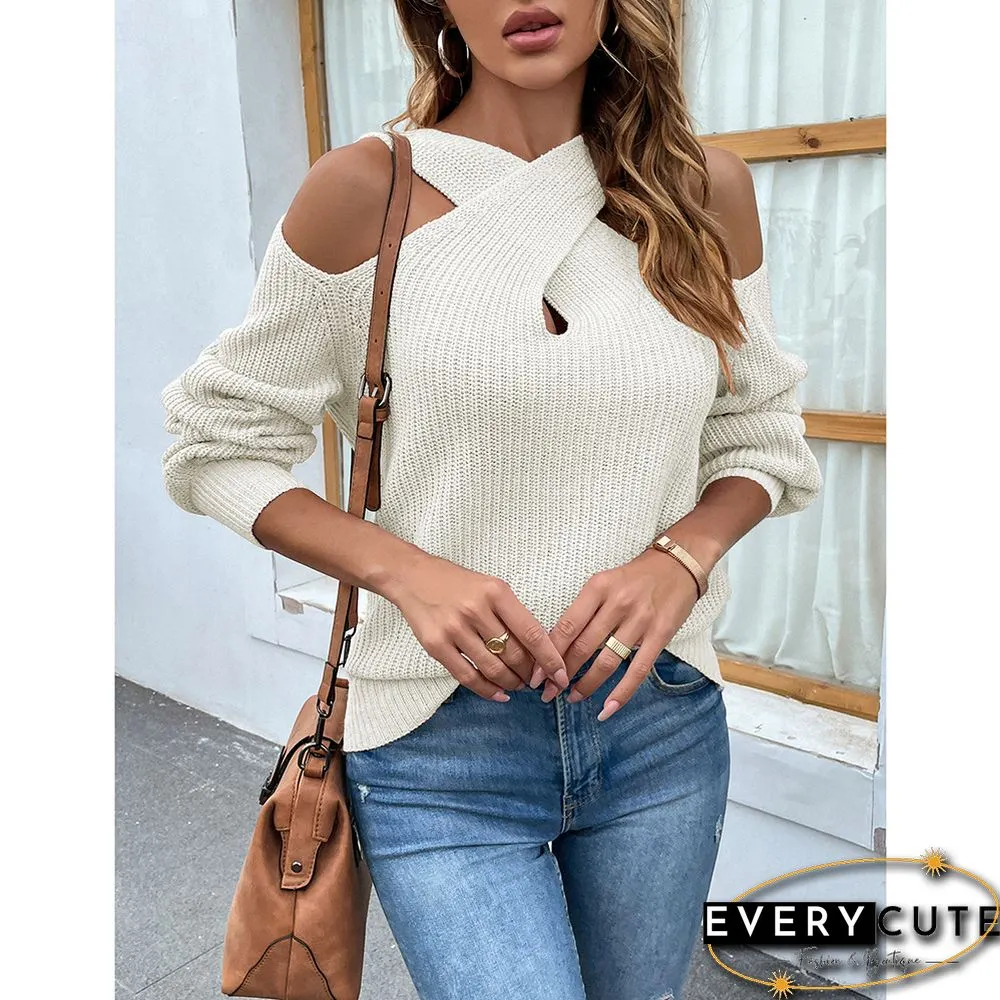 Beige Cross Halter Puff Sleeve Knit Sweater