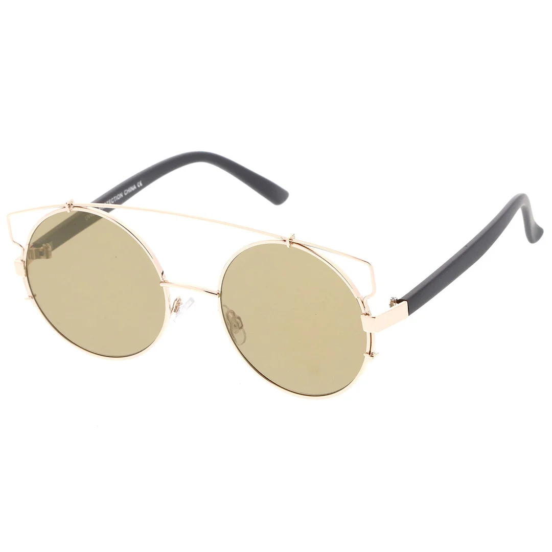 Midsize Metal Frame Horn Rimmed Crossbar Mirror Flat Lens Round glasses 53mm