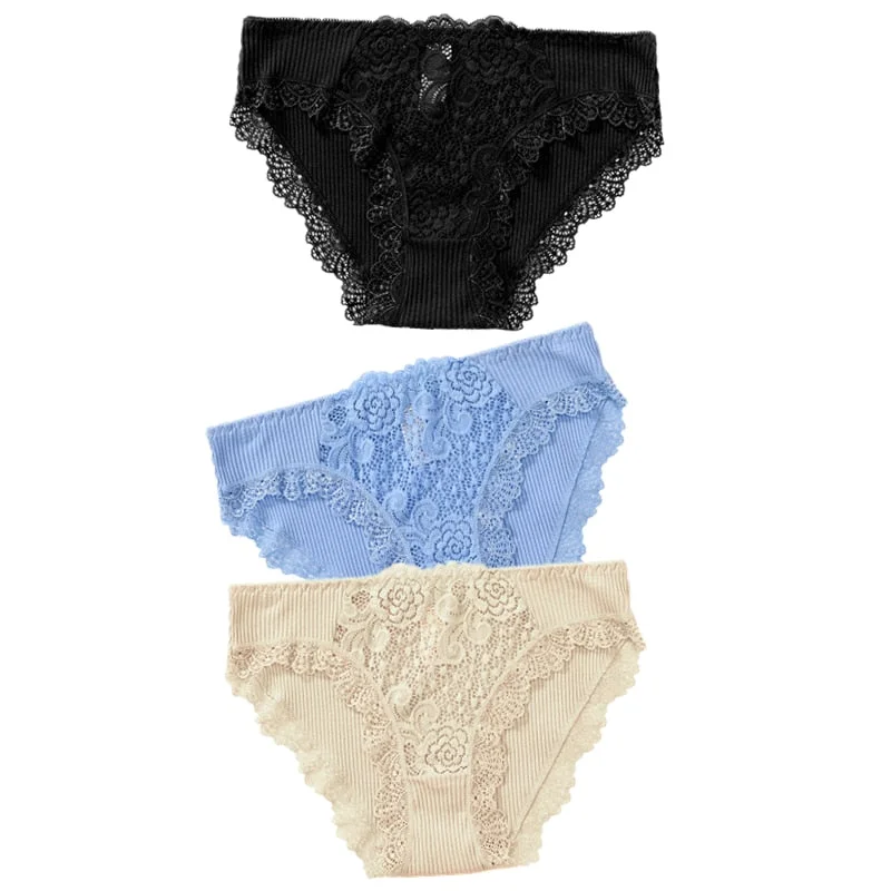 3pcs Exotic Apparel Sexy Panties Lace Briefs Women Low-Rise Solid Panty Underwear Sexy Women Lace Breathable Hip-lift Underpants