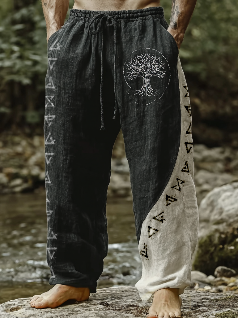 Men's Viking Raven Tribal Totem Two-Tone Vintage Nordic Casual Linen Pants / Rvogue / Rvogue