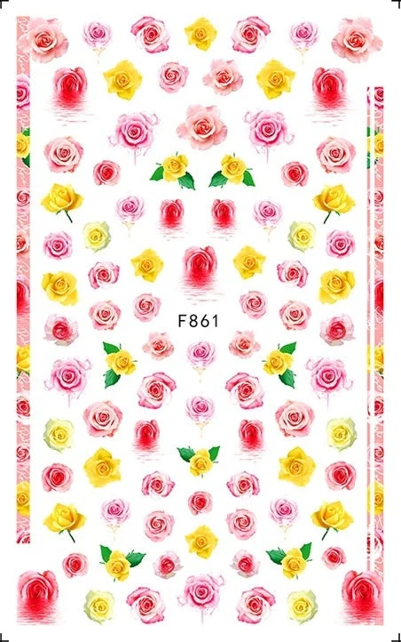 Purple Red Pink Rose Flower 3D Nail Sticker Leaves Love Heart Self-Adhesive Slider Art Decorations Decals Manicure Accessories-Nail Inspo