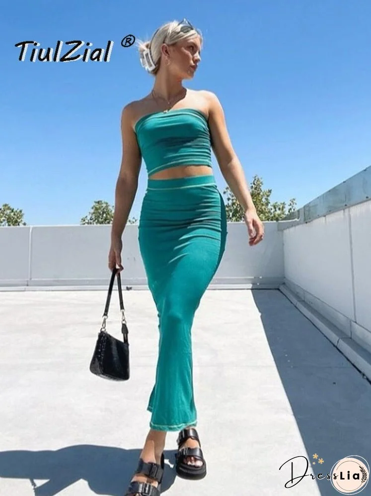 Summer Women Dress Set Strapless Crop Top And Midi Skirt Two Pieces One Suit Y2K Patchwork Beach Dress Outfit