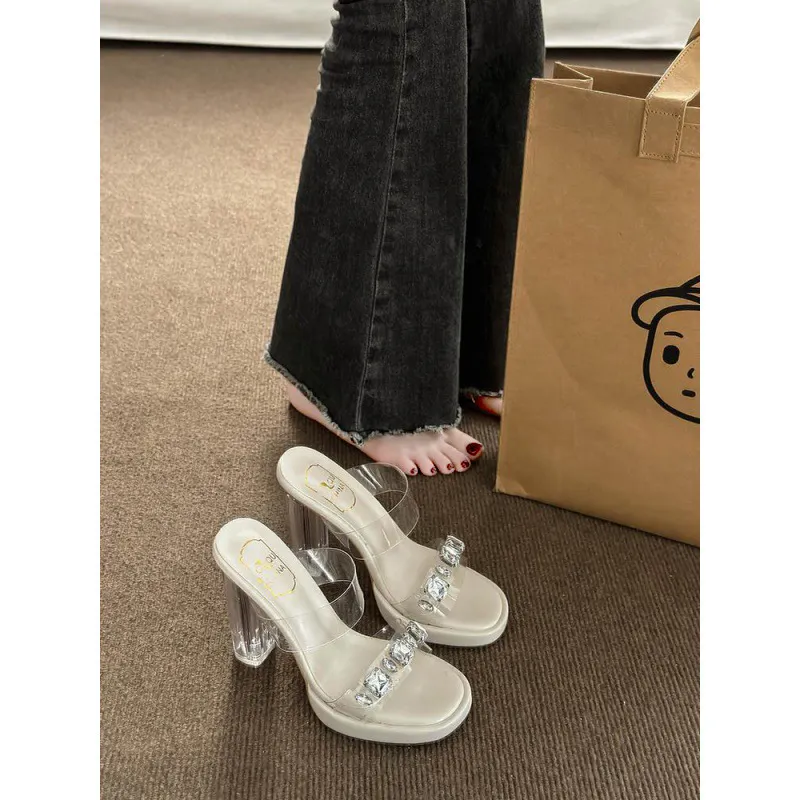 Breakj Breakj Slippers Women Wearing Fashion Fairy French Transparent High Heels Coarse Sandals Niche High-Grade Cool Drag
