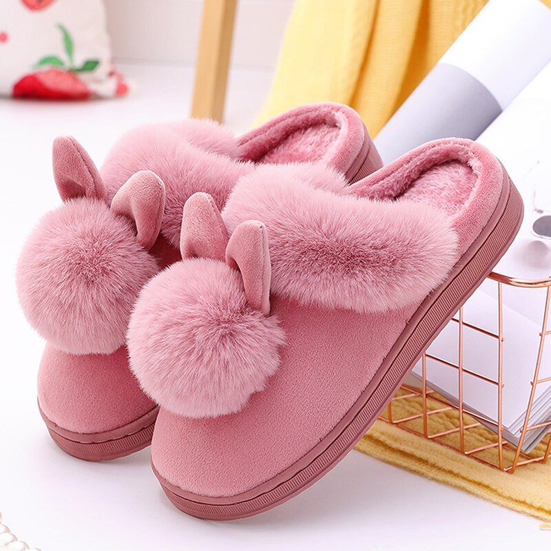 Mongw Cartoon Women Home Slippers Rabbit Ears Slip On Soft Soled Winter Warm House Shoes Women Indoor Outdoor Fur Slippers Footwear