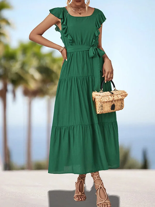 Pleated Pure Color Split-Joint Tied Waist A-Line Ruffle Sleeves Square-Neck Midi Dresses