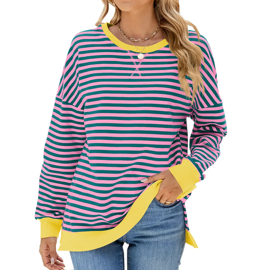 Churchf Churchf New 2024 Round Collar Stripe Splicing Split Loose Hoodie Top