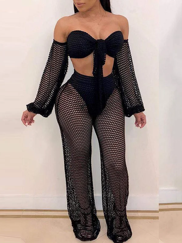 Sexy Mesh See-Through Solid Color Off-The-Shoulder Top Wide Leg Pants Two-Piece Suit