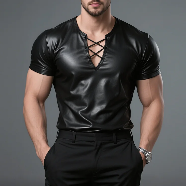 Okaywear PU Leather Strappy V Neck Short Sleeve T-Shirt Okaywear