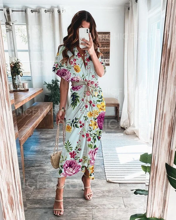 Floral Satin Pleated Premium Bandage Shirt Dress
