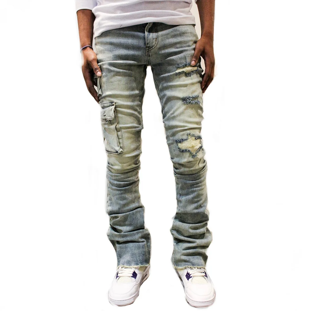Fashion retro ripped hole distressed three-dimensional pocket jeans