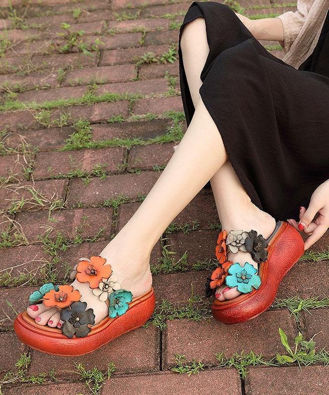 Elegant Wedge Orange Cowhide Leather Slide Sandals