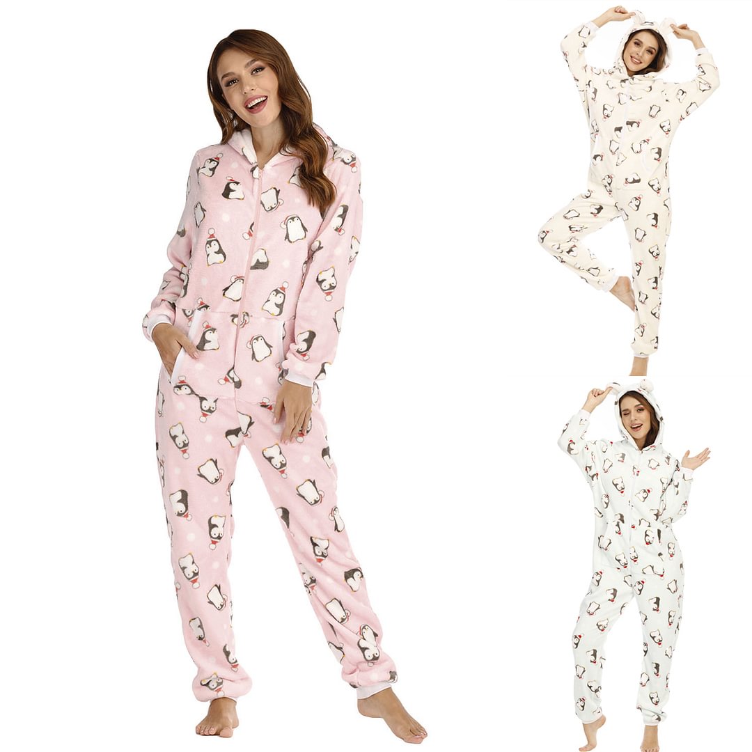 penguin Pattern Onesies Womens Sleepwear Hooded Loose Comfortable Women Underwear Jumpsuit for Adult-Pajamasbuy