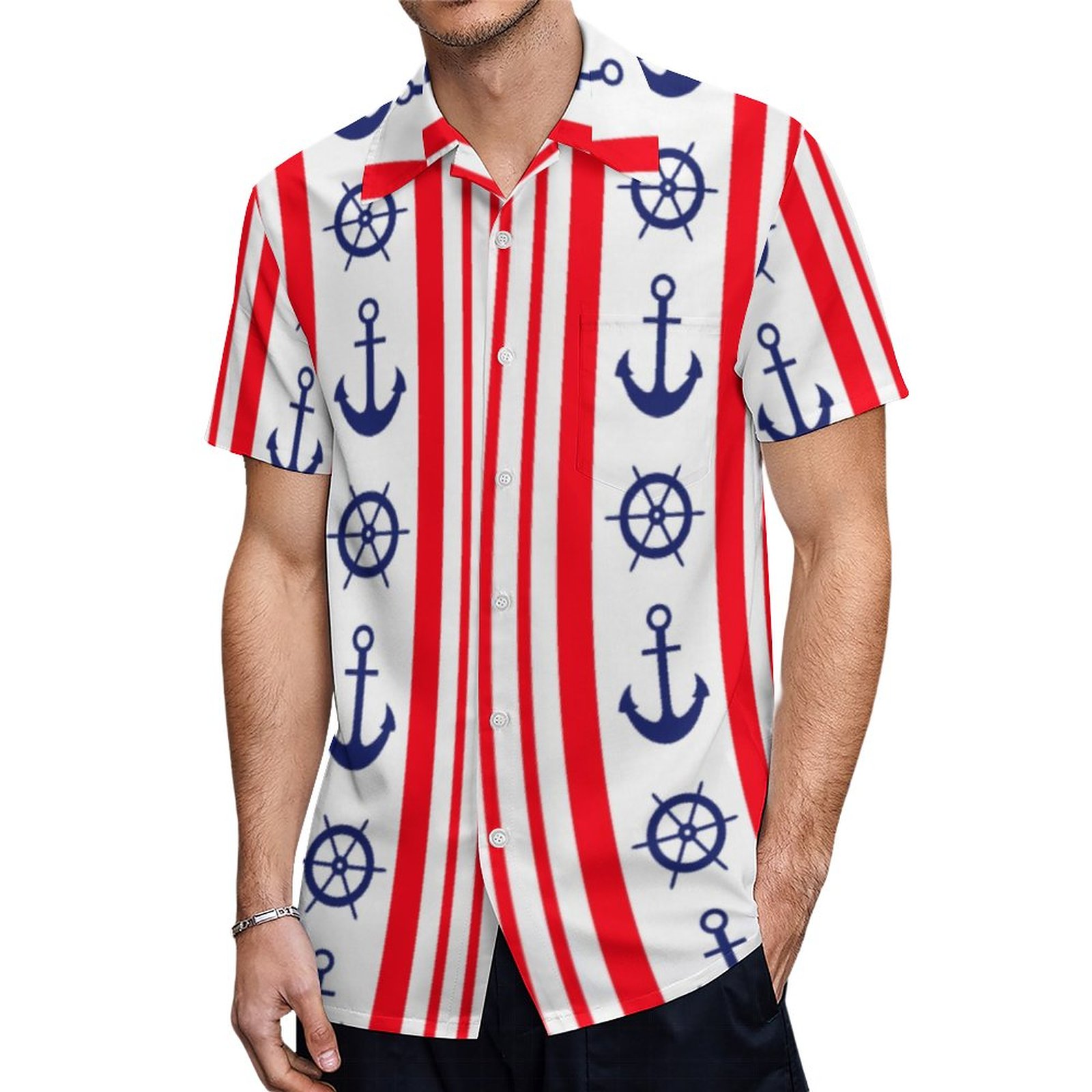 Red And Blue Nautical Anchors And Ships Wheel Hawaiian Shirt Mens Button Down Tropical Hawaii Beach Shirts