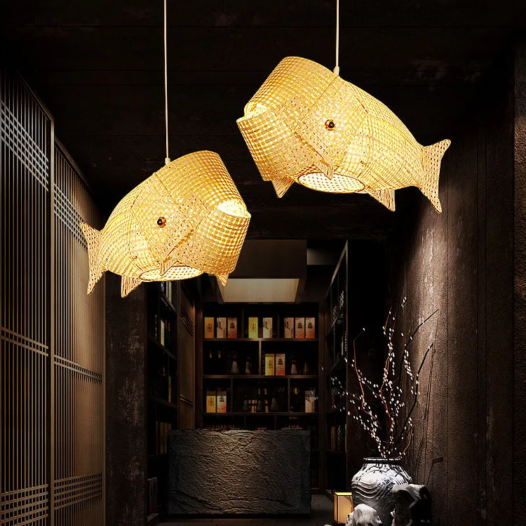 Traditional Japanese Weaving Bamboo Carp Fish Elliptical 1-Light Pendant Light For Dining Room