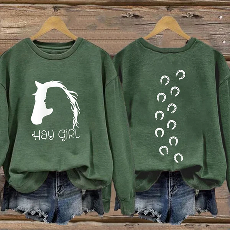 Wearshes Western Girl Horse Print Long Sleeve Sweatshirt