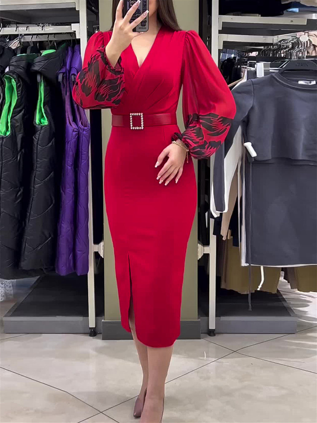 Women's Long Sleeve V-neck Graphic Midi Dress