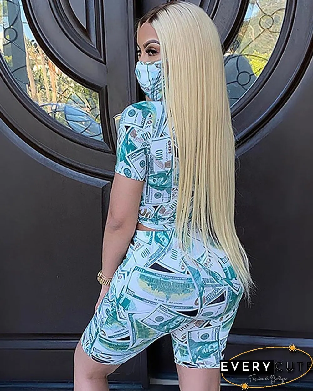 Dollar Print Short Sleeve Top With Face Cover & Short Set P11276