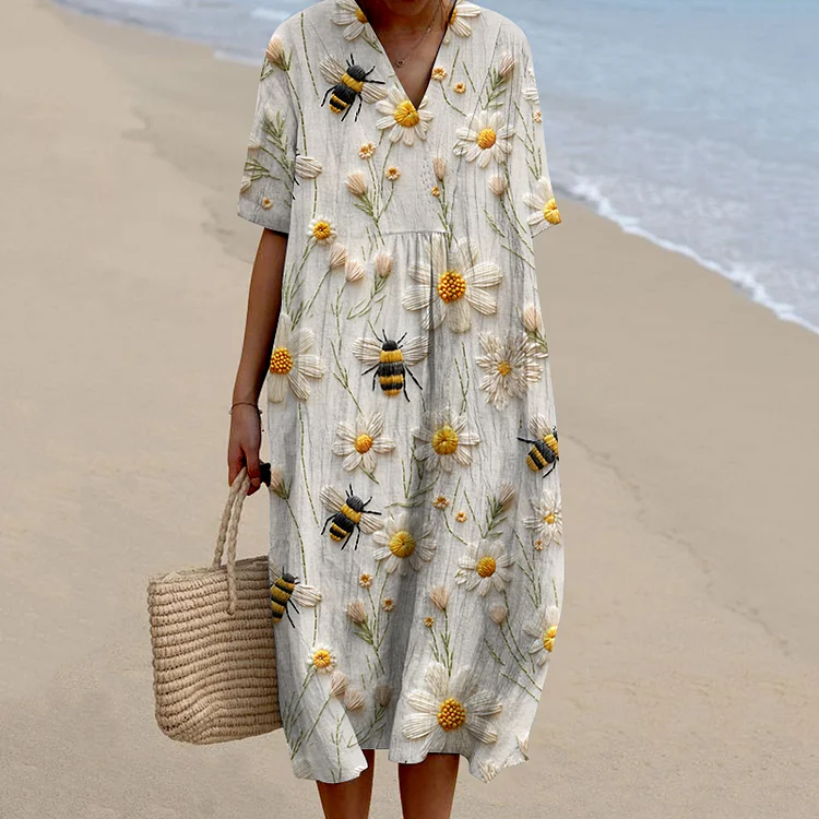 Daisy Bee Embroidery Art Print V Neck Midi Dress