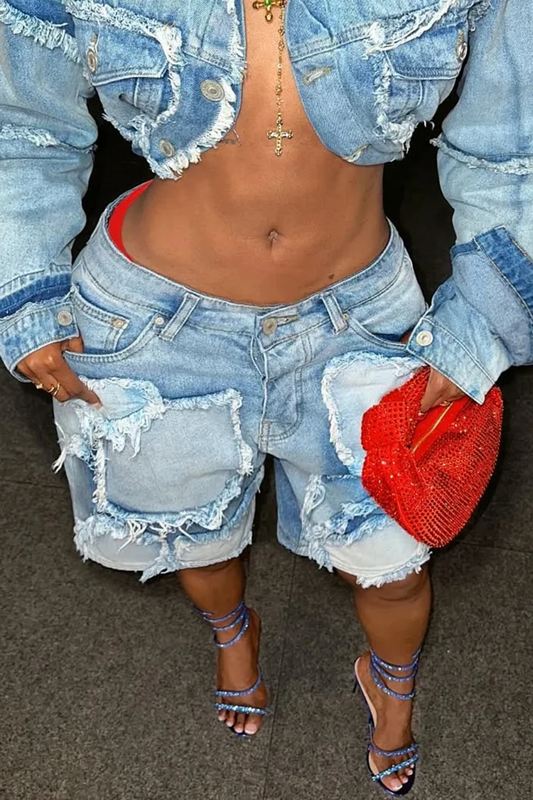 Plus Size Daily Blue Casual Distressed Cargo Denim Jeans [Pre-Order]