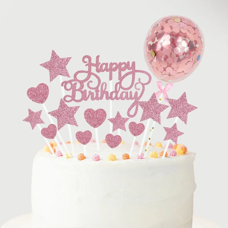 1Set Rose Gold Happy Birthday Cake Toppers with Confetti Balloons Kids Birthday Party Decoration Baby Shower Favor Wedding Decor