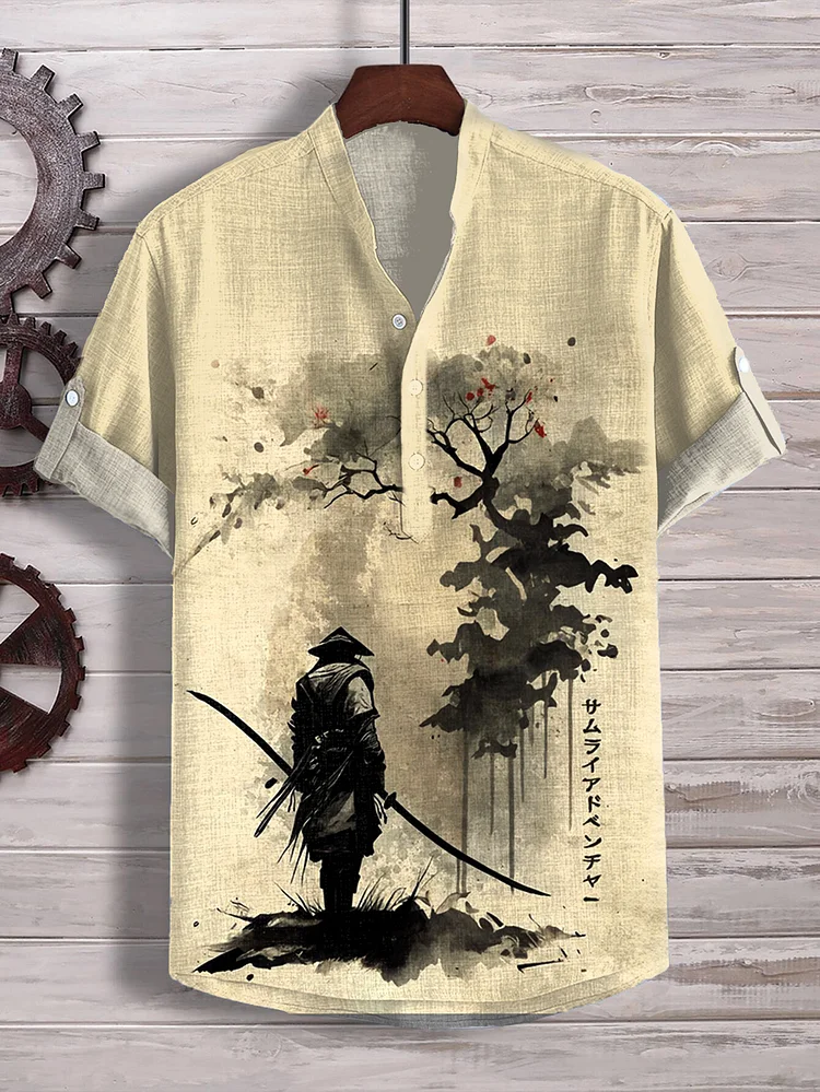 Men's Japanese Samurai Ink Art Print Half Button Shirt