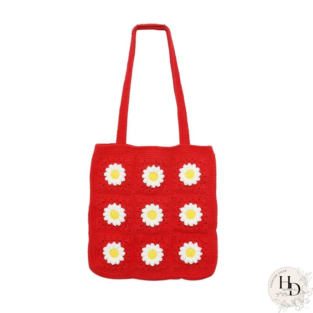 Multi Colors Hand Woven Knit Summer Sunflower Daisy Flowers Tote Bag