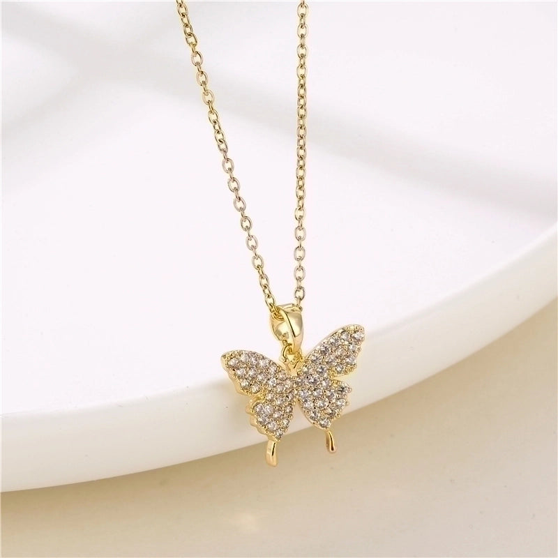 Shiny Angel Peacock Butterfly Stainless Steel Titanium Steel Inlay Zircon 18k Gold Plated Pendant Necklace