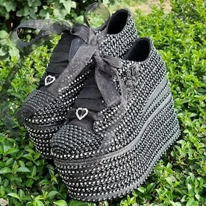 pornhint Pornhint Black High Heel, Luxury Design Wedge Heels, Black Crystal Stones Pearls Platform Shoes, Party Shoes, Very Stylish and Comfortable
