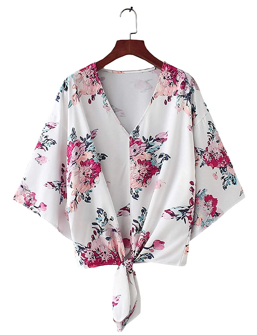Womens Floral Blouse Tops V Neck Tie Knot Front Short Bell Sleeve Tops Shirts Wraps