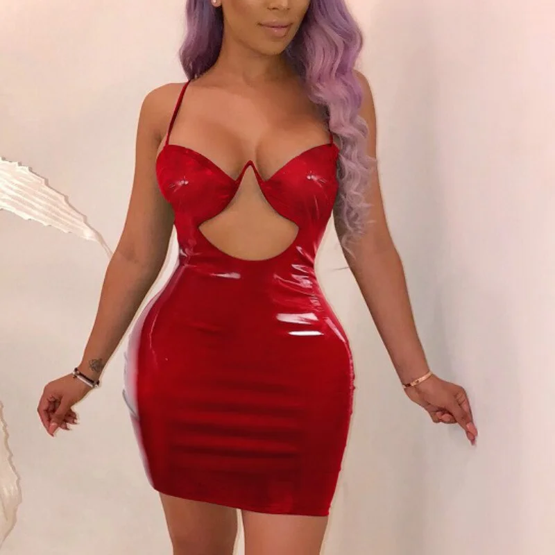 2019 Autumn Sexy Women PU Leather Bodycon Mini Dress Clubwear  Sleeveless V-neck Strap Push Hip Dress