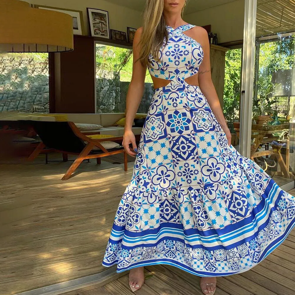 2021 dress long summer beach dress suit feminine halter neck halter retro print sleeveless new beach sun skirt suit