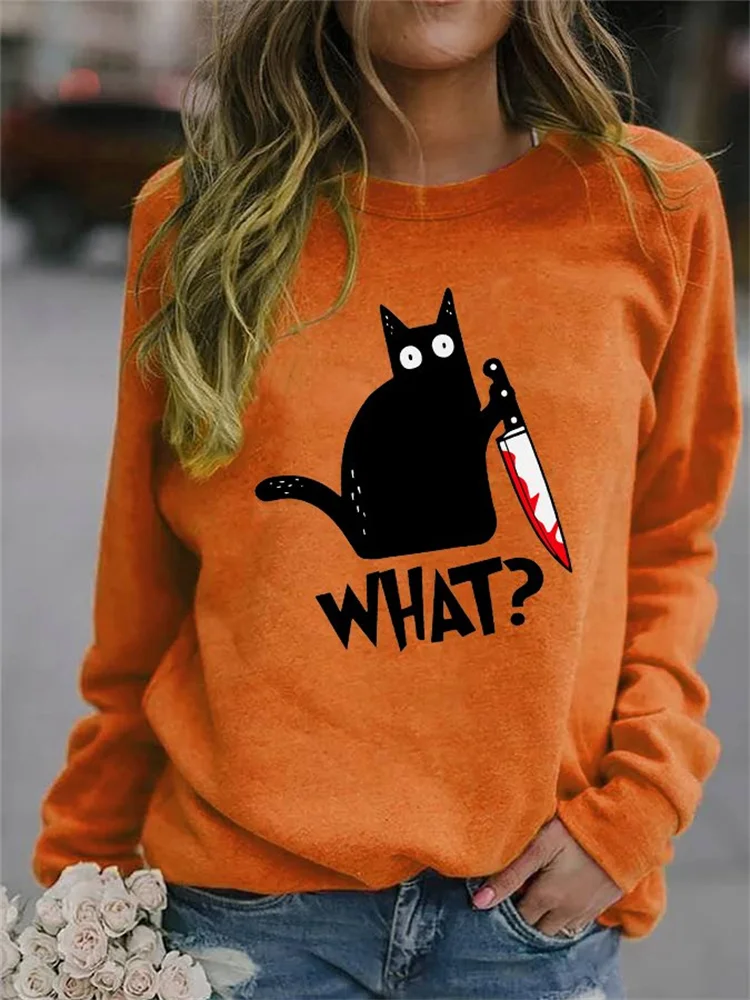 Halloween Black Cat With Bloody Knife Sweatshirt