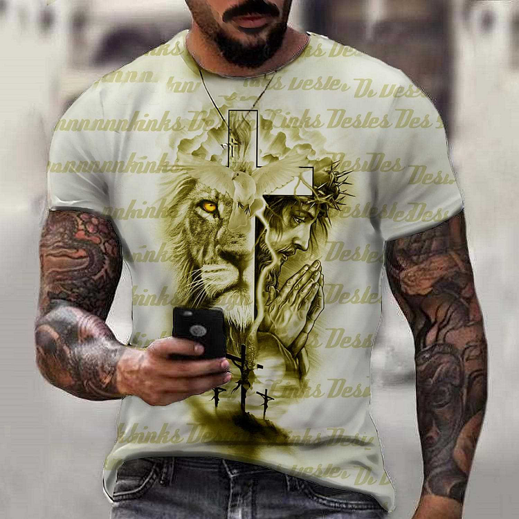 Lion&Jesus Corss Pattern Summer Short Sleeve Men's T-Shirts at Hiphopee