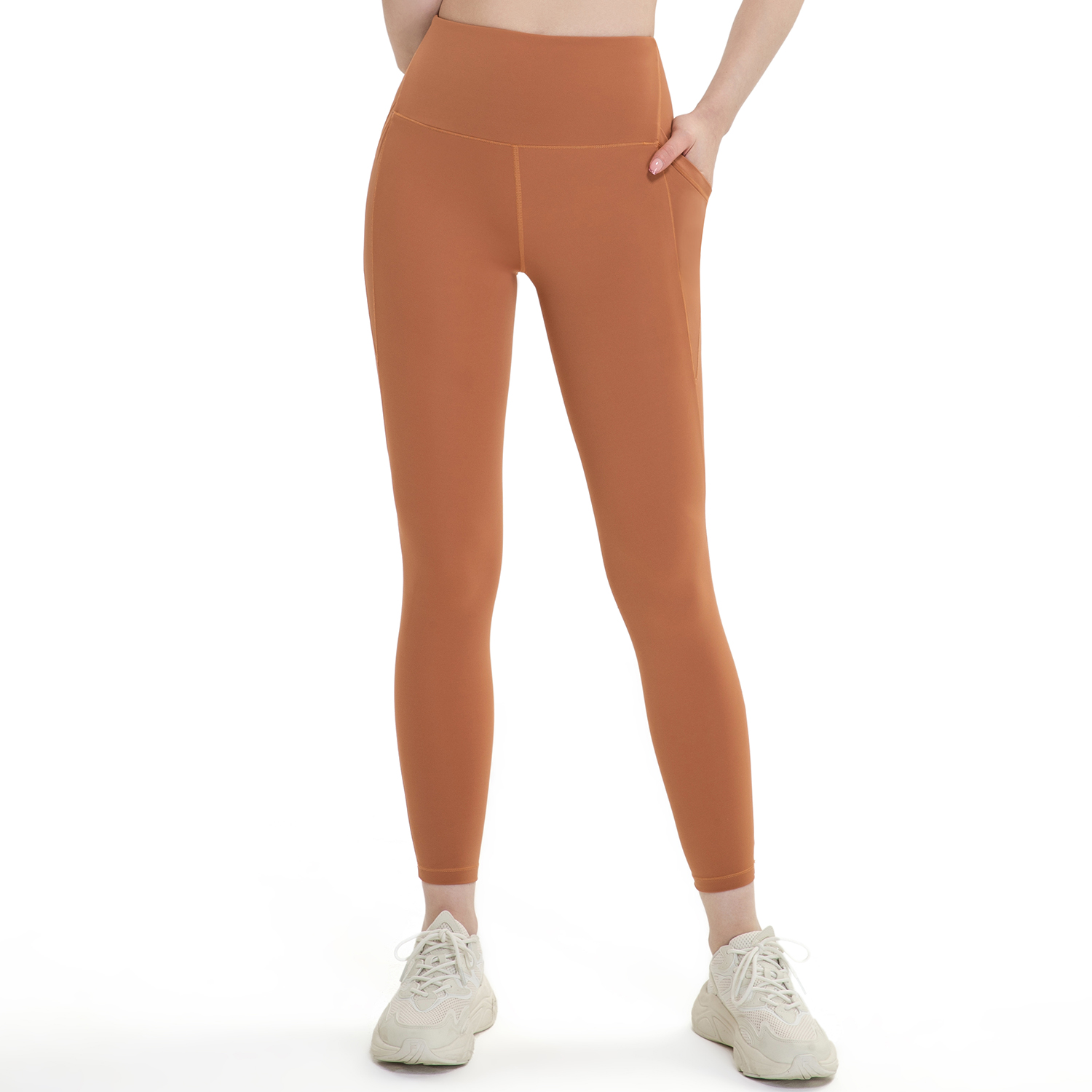Hergymclothing Sand high rise tranceless naked feeling slant pockets sports yoga leggings for sale