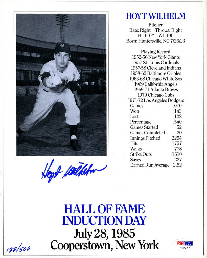 Hoyt Wilhelm SIGNED 8x10 Photo Poster painting HOF Induction Card Giants PSA/DNA AUTOGRAPHED