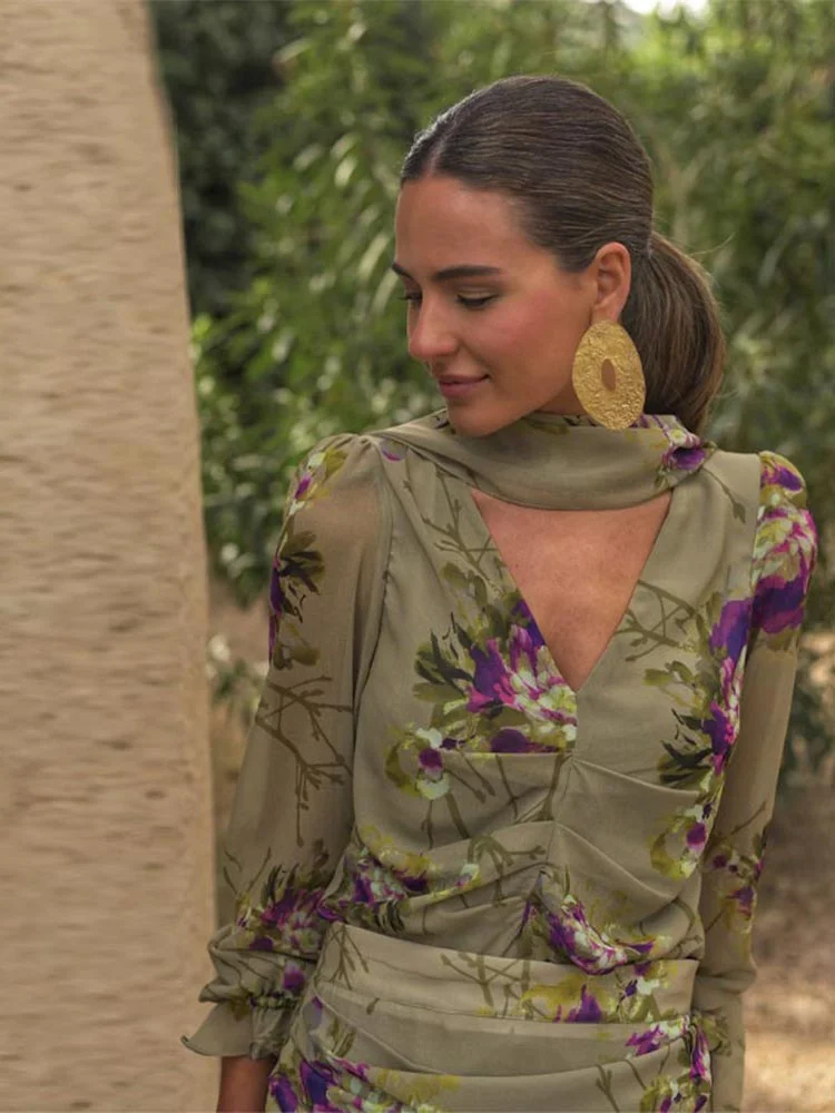 Uveng Women Elegant Flower Printed Gauze Pleated Dress Suits Chic V Neck Full Sleeved Top High Waist Long Dresses Set Lady Party Wear 413-0