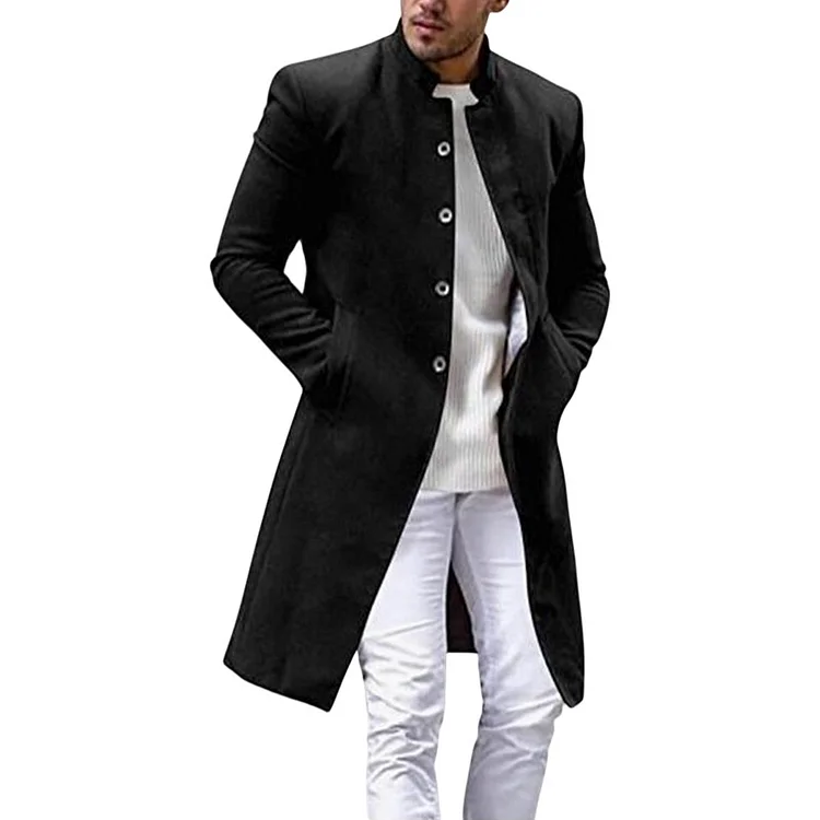 Casual Single Breasted Stand Collar Long Sleeve Pocket Woolen Overcoat