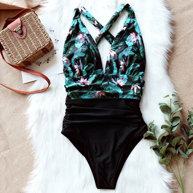 Flaxmaker V Neck Printed Sexy One Piece Swimsuit