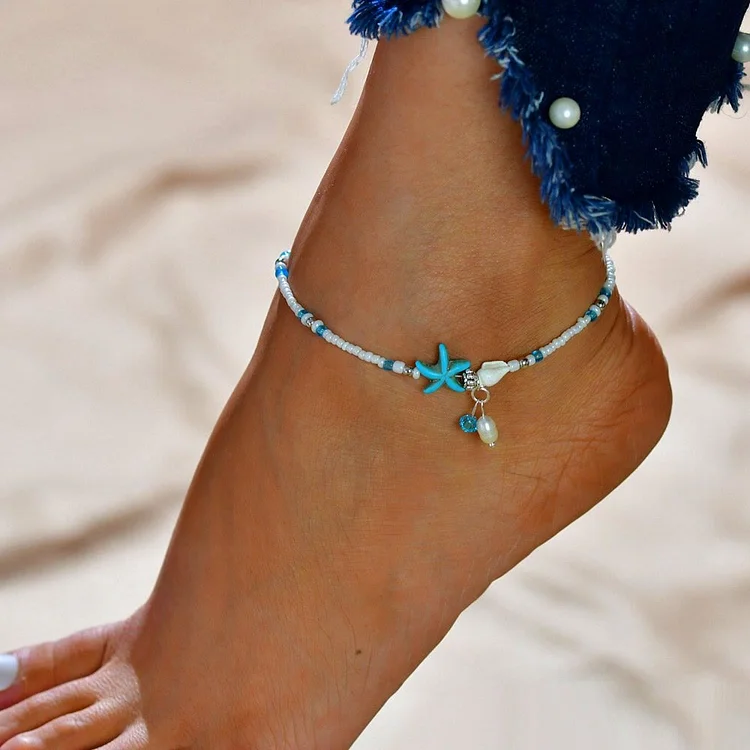 Olivenorma Freshwater Pearl Turquoise Sea Starfish Shell Anklets