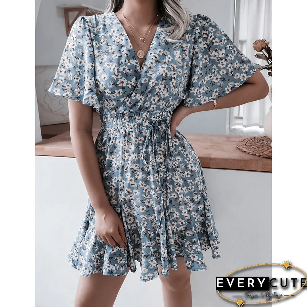 Light Blue Pleated Ruffle Detail V Neck Floral Dress