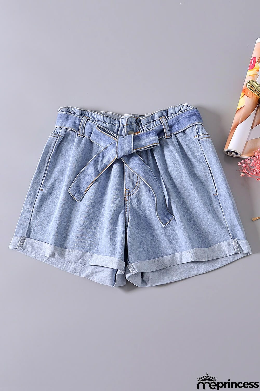 Women Light Blue Roll Hem Paper Bag Waist Denim Shorts