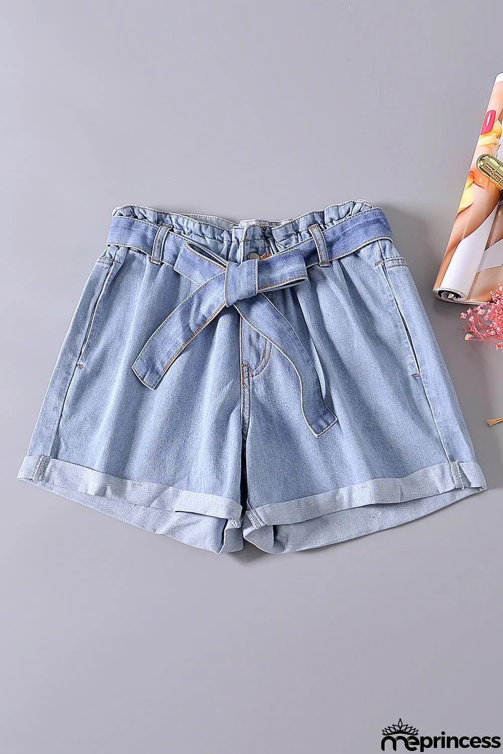 Women Light Blue Roll Hem Paper Bag Waist Denim Shorts