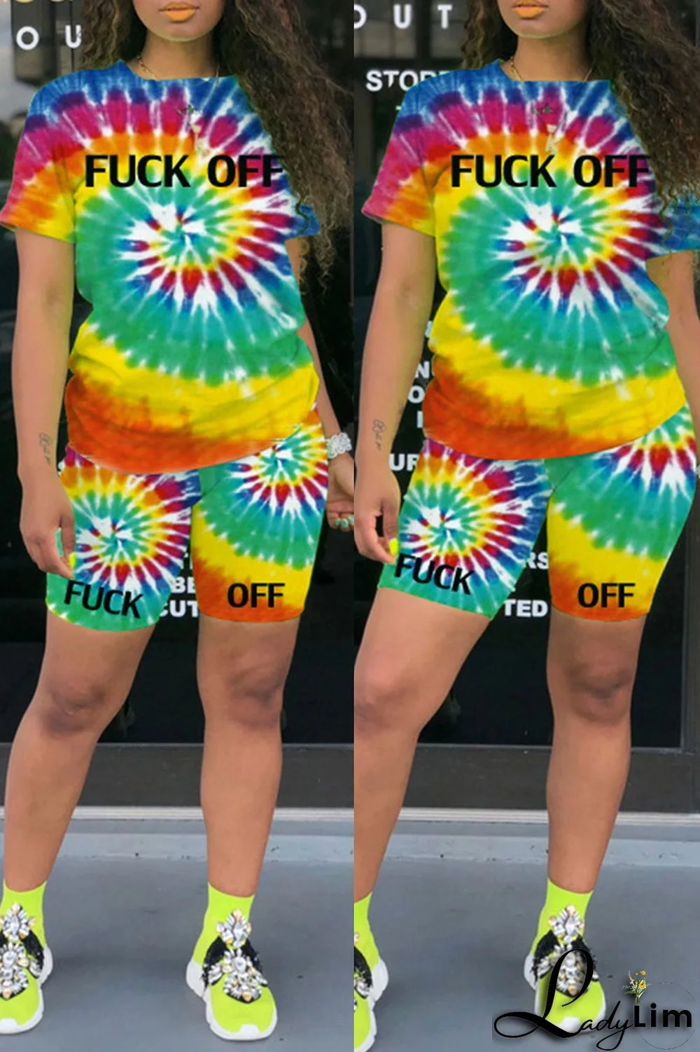 Yellow Fashion Casual Print Tie-dye O Neck Short Sleeve Two Pieces